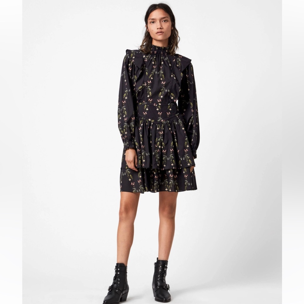All Saints Aislyn Varanasi Black Floral Print Cotton Flare Mini Dress Size 2 NWT